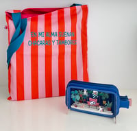 Tote bag  En mi alma suenan chácaras y tambores  rayas naranja y rosa con bordado  y verde-azulado