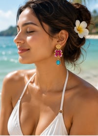 Image 1 of Turquoise & Fuchsia Beaded Statement Earrings