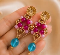 Image 2 of Turquoise & Fuchsia Beaded Statement Earrings