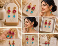 Image 3 of Turquoise & Fuchsia Beaded Statement Earrings