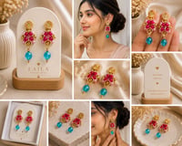 Image 4 of Turquoise & Fuchsia Beaded Statement Earrings