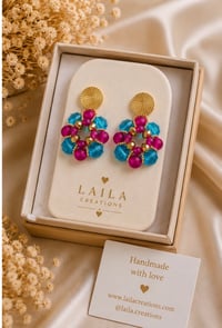 Image 1 of Turquoise & Fuchsia Floral Beaded Earrings 