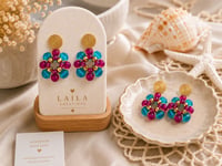 Image 3 of Turquoise & Fuchsia Floral Beaded Earrings 