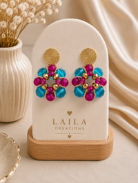 Image 4 of Turquoise & Fuchsia Floral Beaded Earrings 