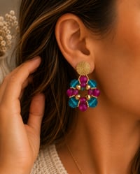 Image 5 of Turquoise & Fuchsia Floral Beaded Earrings 