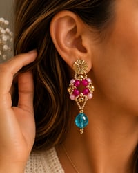 Image 5 of Turquoise & Fuchsia Beaded Statement Earrings