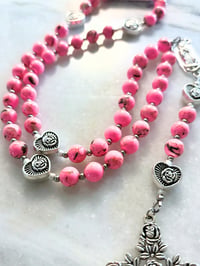 Image 2 of Pink Howlite Rosary with Rose Crucifix and Silver Guadalupe Center