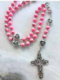 Image 3 of Pink Howlite Rosary with Rose Crucifix and Silver Guadalupe Center