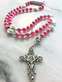 Image 4 of Pink Howlite Rosary with Rose Crucifix and Silver Guadalupe Center