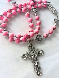 Image 1 of Pink Howlite Rosary with Rose Crucifix and Silver Guadalupe Center
