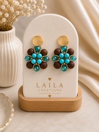 Image 2 of  Turquoise & Chocolate Floral Beaded Earrings 