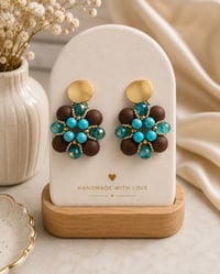 Image 3 of  Turquoise & Chocolate Floral Beaded Earrings 