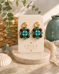 Image 5 of  Turquoise & Chocolate Floral Beaded Earrings 