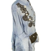 Image 3 of Women's Y2K Pre loved 1of 1 Up-cycled Ashley Stewart denim duster top drop waist &  high low hem  