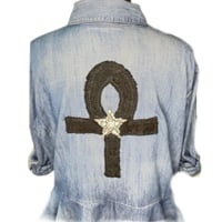 Image 7 of Women's Y2K Pre loved 1of 1 Up-cycled Ashley Stewart denim duster top drop waist &  high low hem  