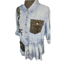 Image 1 of Women's Y2K Pre loved 1of 1 Up-cycled Ashley Stewart denim duster top drop waist &  high low hem  