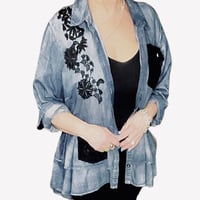 Image 2 of Women's Y2K Pre loved 1of 1 Up-cycled Ashley Stewart denim duster top drop waist &  high low hem  