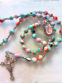 Image 1 of Rainbow Chalcedony Blue Rosary with Our Lady of Guadalupe Center