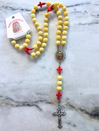 Image 4 of Youthful Rosary, Yellow with Red Cross Pater Beads, Original Guadalupe Art Centerpiece