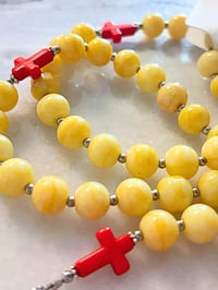 Image 3 of Youthful Rosary, Yellow with Red Cross Pater Beads, Original Guadalupe Art Centerpiece