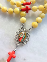 Image 1 of Youthful Rosary, Yellow with Red Cross Pater Beads, Original Guadalupe Art Centerpiece