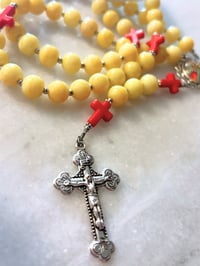 Image 2 of Youthful Rosary, Yellow with Red Cross Pater Beads, Original Guadalupe Art Centerpiece