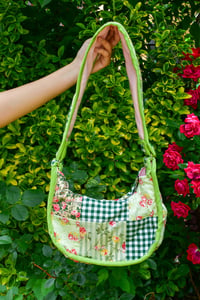 Image 1 of Shojo Princess Patch Bag (Dark Green Gingham + Roses)