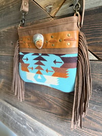 Image 2 of Pendleton & Leather Fringe Crossbody Bag | Handcrafted | Landscape Jasper Stone Feature