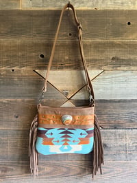 Image 3 of Pendleton & Leather Fringe Crossbody Bag | Handcrafted | Landscape Jasper Stone Feature