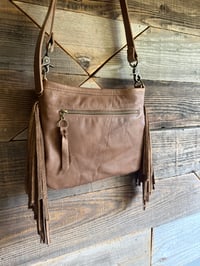 Image 4 of Pendleton & Leather Fringe Crossbody Bag | Handcrafted | Landscape Jasper Stone Feature