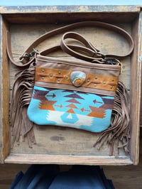 Image 1 of Pendleton & Leather Fringe Crossbody Bag | Handcrafted | Landscape Jasper Stone Feature