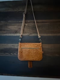 Image 2 of Embossed Leather & Cowhide Crossbody Bag | Montana Agate | Leather Fringe | 
