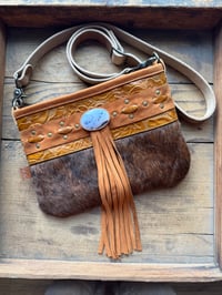 Image 1 of Embossed Leather & Cowhide Crossbody Bag | Montana Agate | Leather Fringe | 
