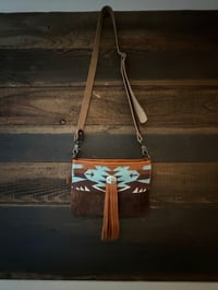Image 2 of Pendleton & Cowhide Crossbody Bag | Vintage Silver Turquoise Concho | Leather Fringe