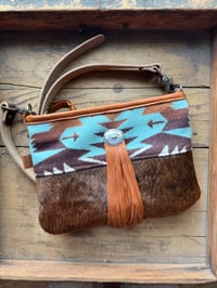 Image 1 of Pendleton & Cowhide Crossbody Bag | Vintage Silver Turquoise Concho | Leather Fringe