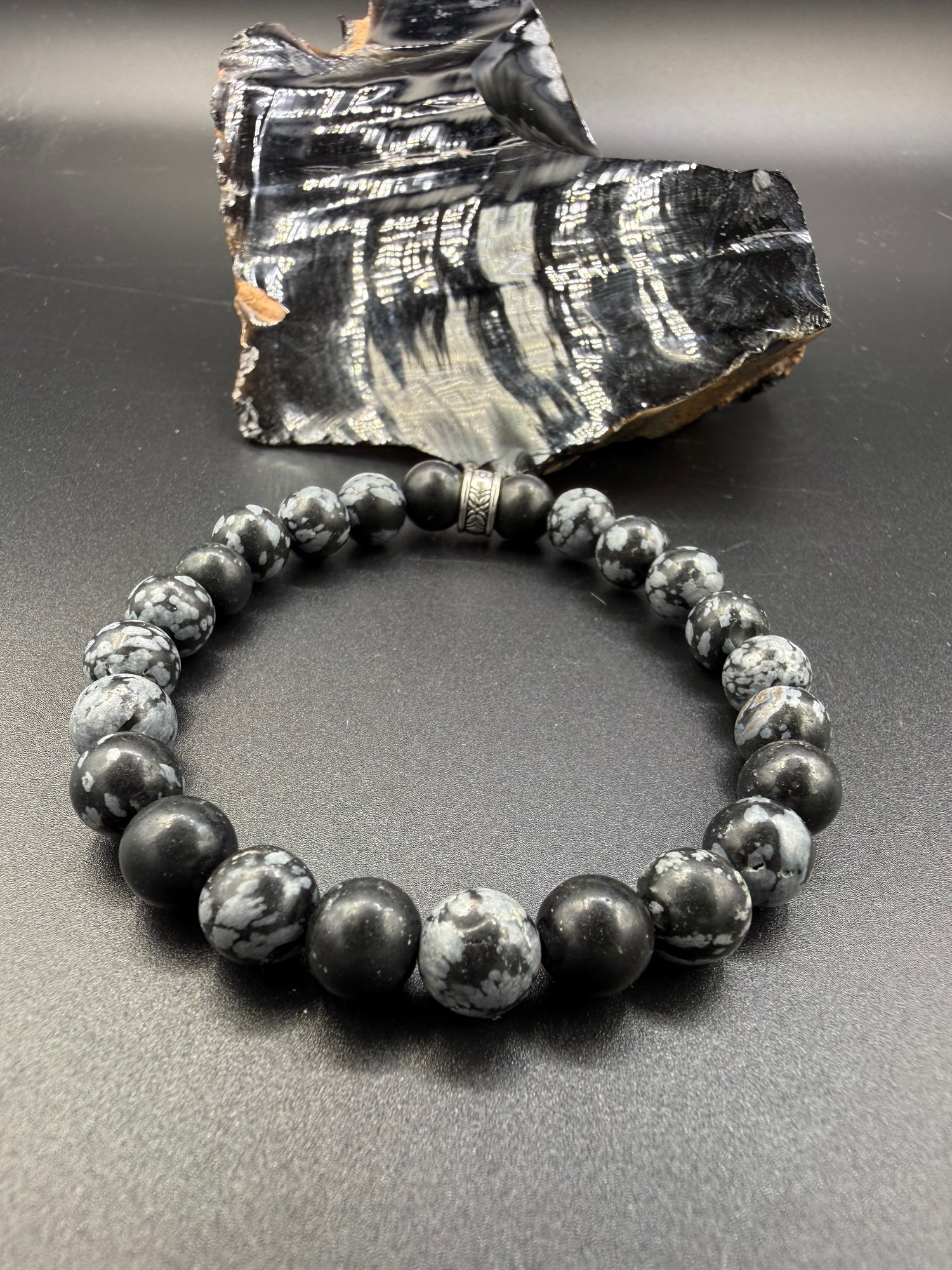 8mm Snowflake Obsidian Stretch Bracelet