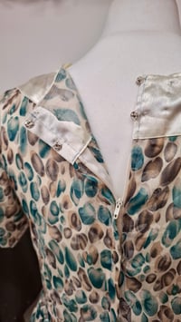 Image 3 of Vintage 60s Teal Sheer Patterned Fit and Flare Dress (Size 10-12)