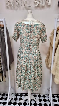 Image 2 of Vintage 60s Teal Sheer Patterned Fit and Flare Dress (Size 10-12)