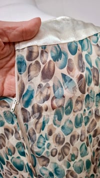 Image 4 of Vintage 60s Teal Sheer Patterned Fit and Flare Dress (Size 10-12)