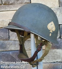 Image 6 of WWII M2 101st Airborne 506th Helmet D-bale Front Seam Firestone Paratrooper liner. Drawstring net. 