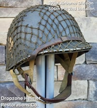 Image 3 of WWII M2 101st Airborne 506th Helmet D-bale Front Seam Firestone Paratrooper liner. Drawstring net. 