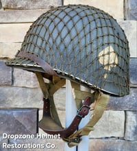 Image 1 of WWII M2 101st Airborne 506th Helmet D-bale Front Seam Firestone Paratrooper liner. Drawstring net. 