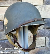 Image 8 of WWII M2 101st Airborne 506th Helmet D-bale Front Seam Firestone Paratrooper liner. Drawstring net. 