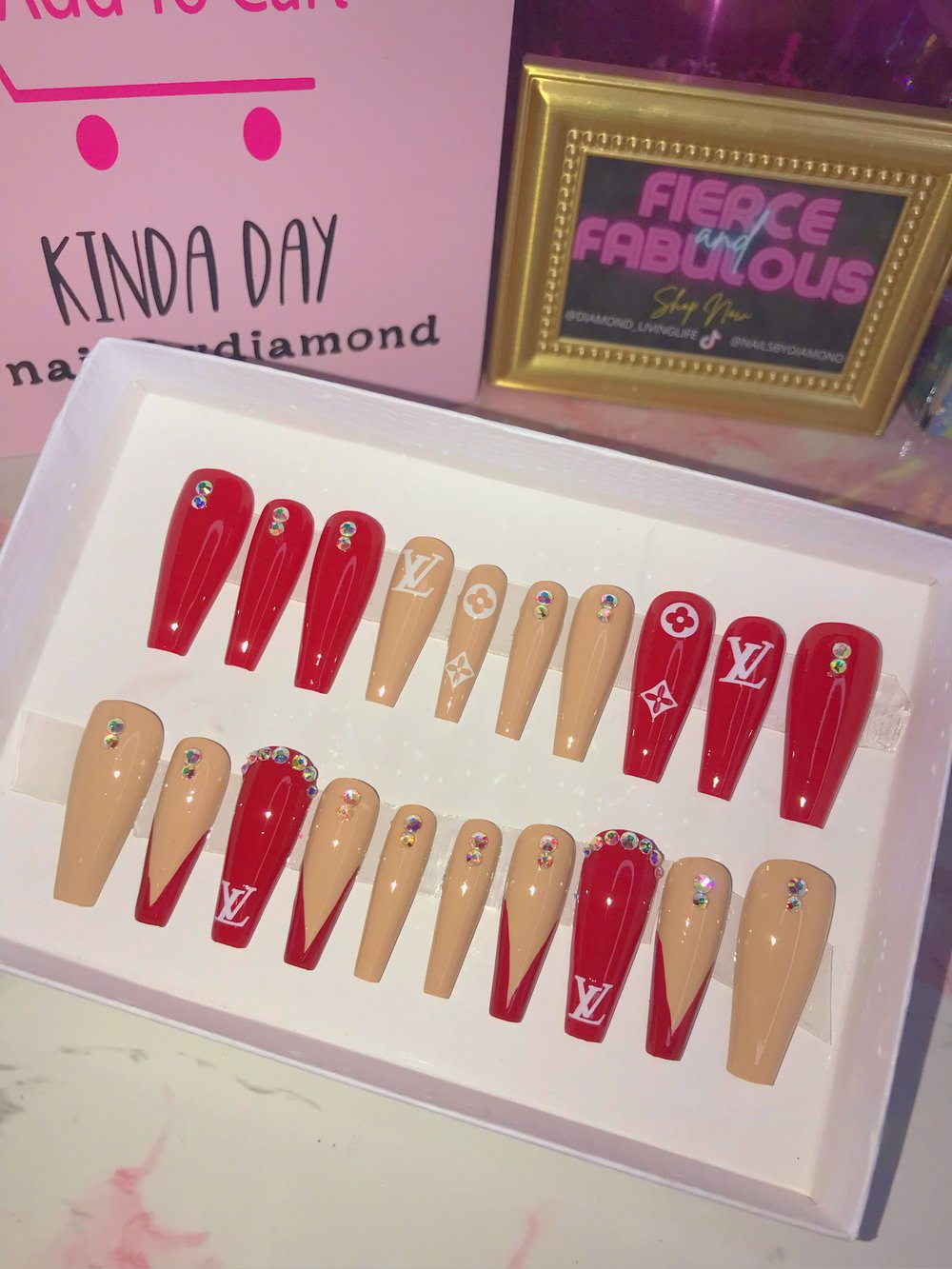 Image of Red LV French Bling Nail Bundle