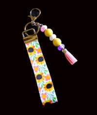 Image 1 of Handmade Wristlet Lanyard with Beaded Keychain, floral, flower, tassel, bag charm, key