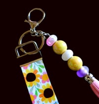 Image 2 of Handmade Wristlet Lanyard with Beaded Keychain, floral, flower, tassel, bag charm, key