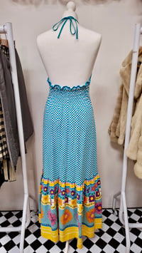 Image 2 of Vintage 70s Dorothy Perkins Blue Chequered Floral Maxi Halter Neck Dress (Size 10)
