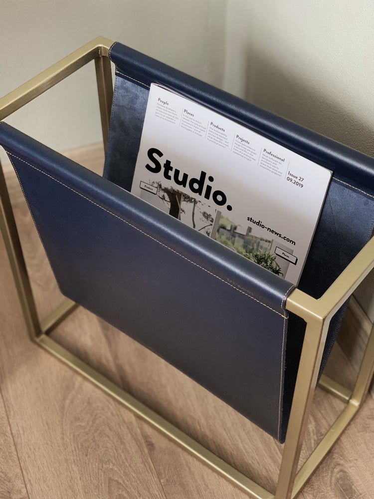 Image of Magazine & Newspaper Holder - Deep Blue Leather & Gold or Black Frame 