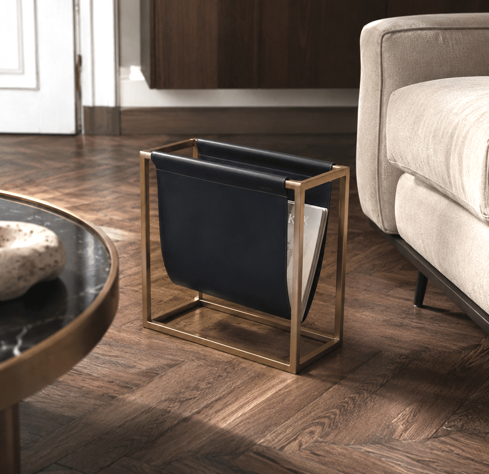 Image of Magazine & Newspaper Holder - Deep Blue Leather & Gold or Black Frame 