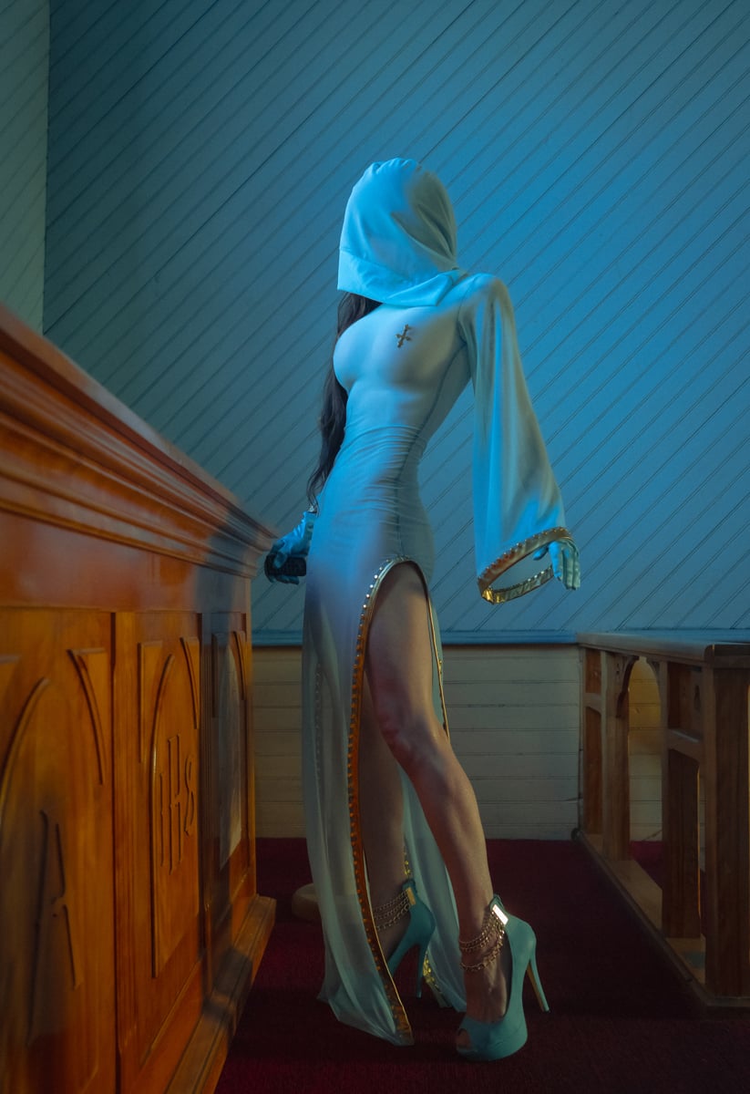 Image of Toxic Vision Sunday Service mesh hooded gown